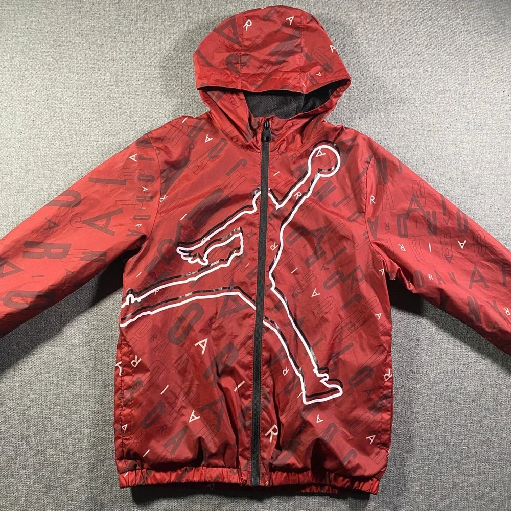 Kids‎ Jordan Hooded Windbreaker Jacket Red All Over Print Jumpman Size M 10-12